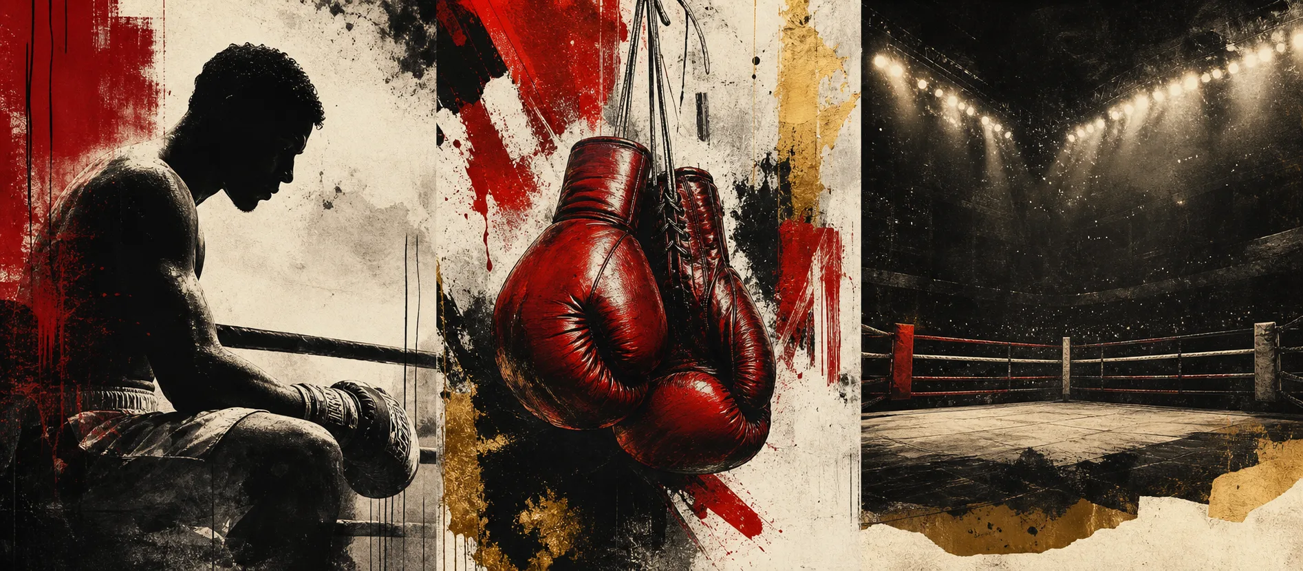 Mixed-media artwork showing a boxer resting beside the ropes